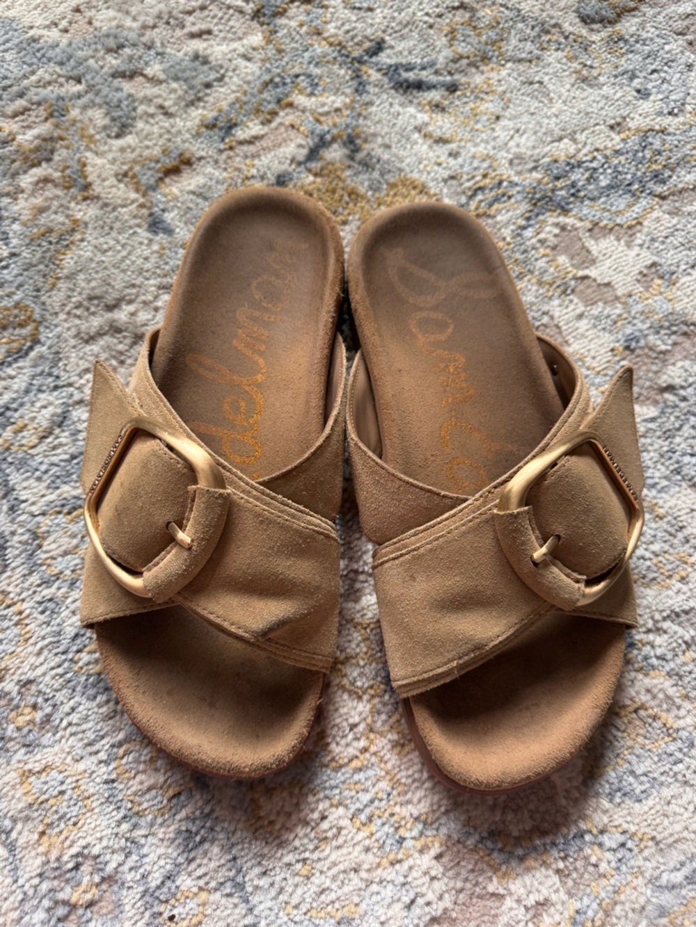 Sam Edelman Tan Suede Slide Sandals with Gold Buckle